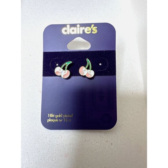 Claires 18K Gold Plated Cherry Stud Earrings Lightweight Womens Jewelry - Picture 1 of 2
